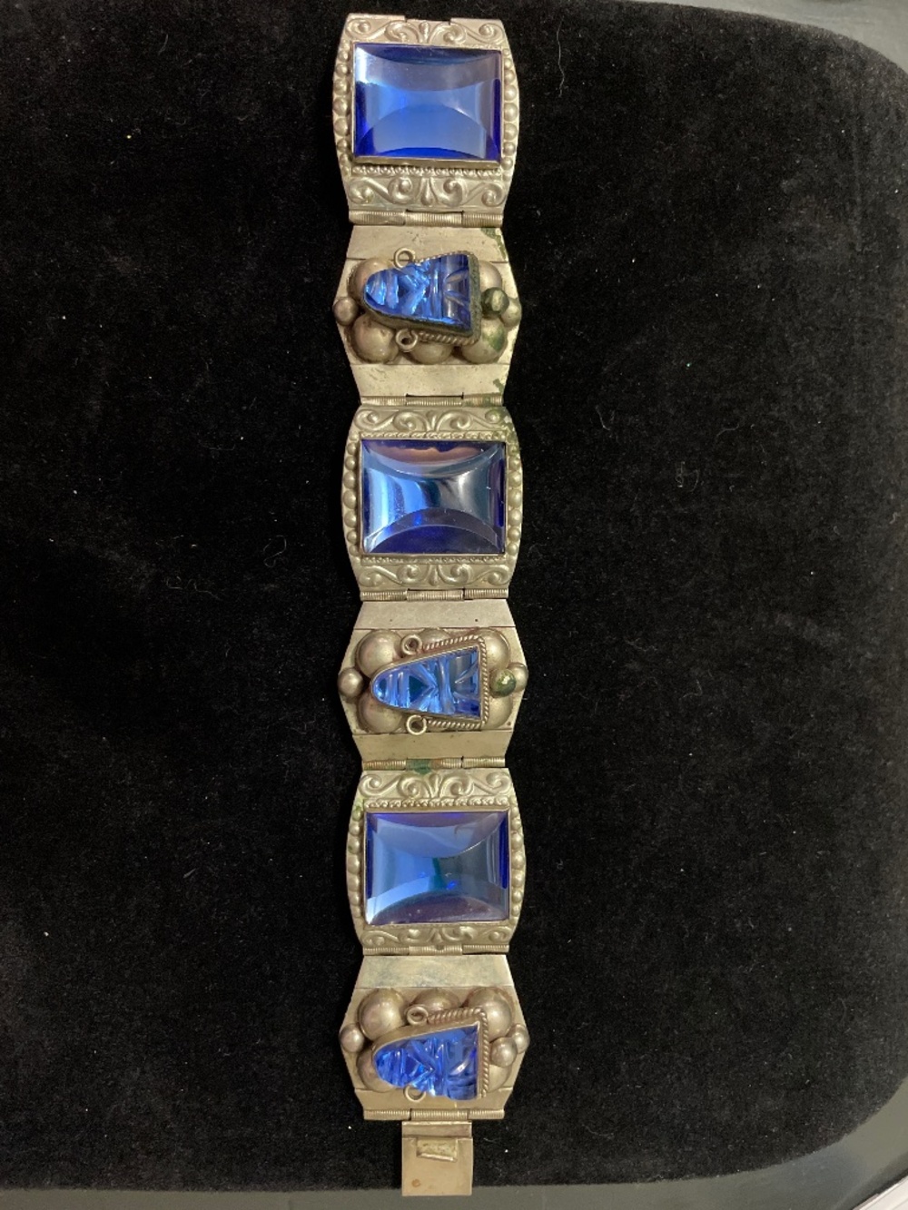 Sterling TAXCO blue glass cab link bracelet